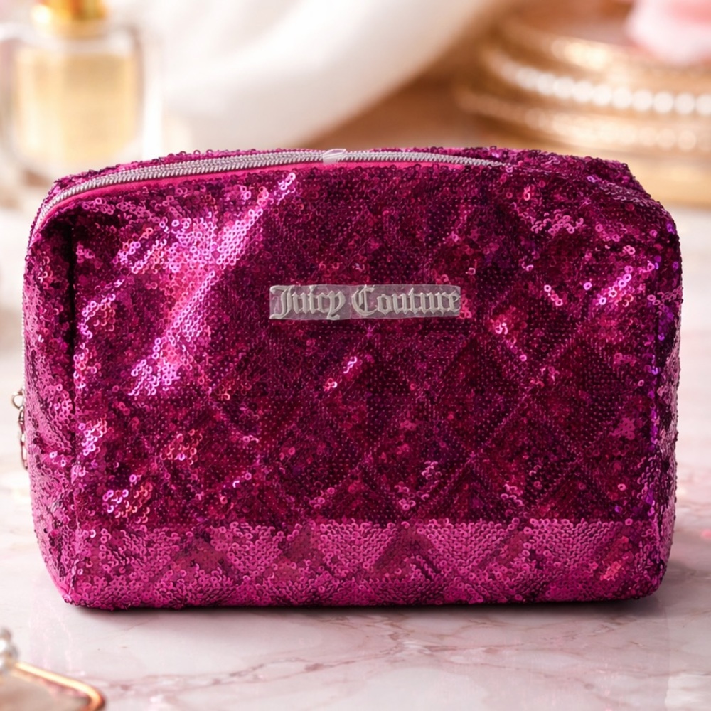 NWOT Juicy Couture Pink Sequin Cosmetic Bag & small travel bottle - Pink